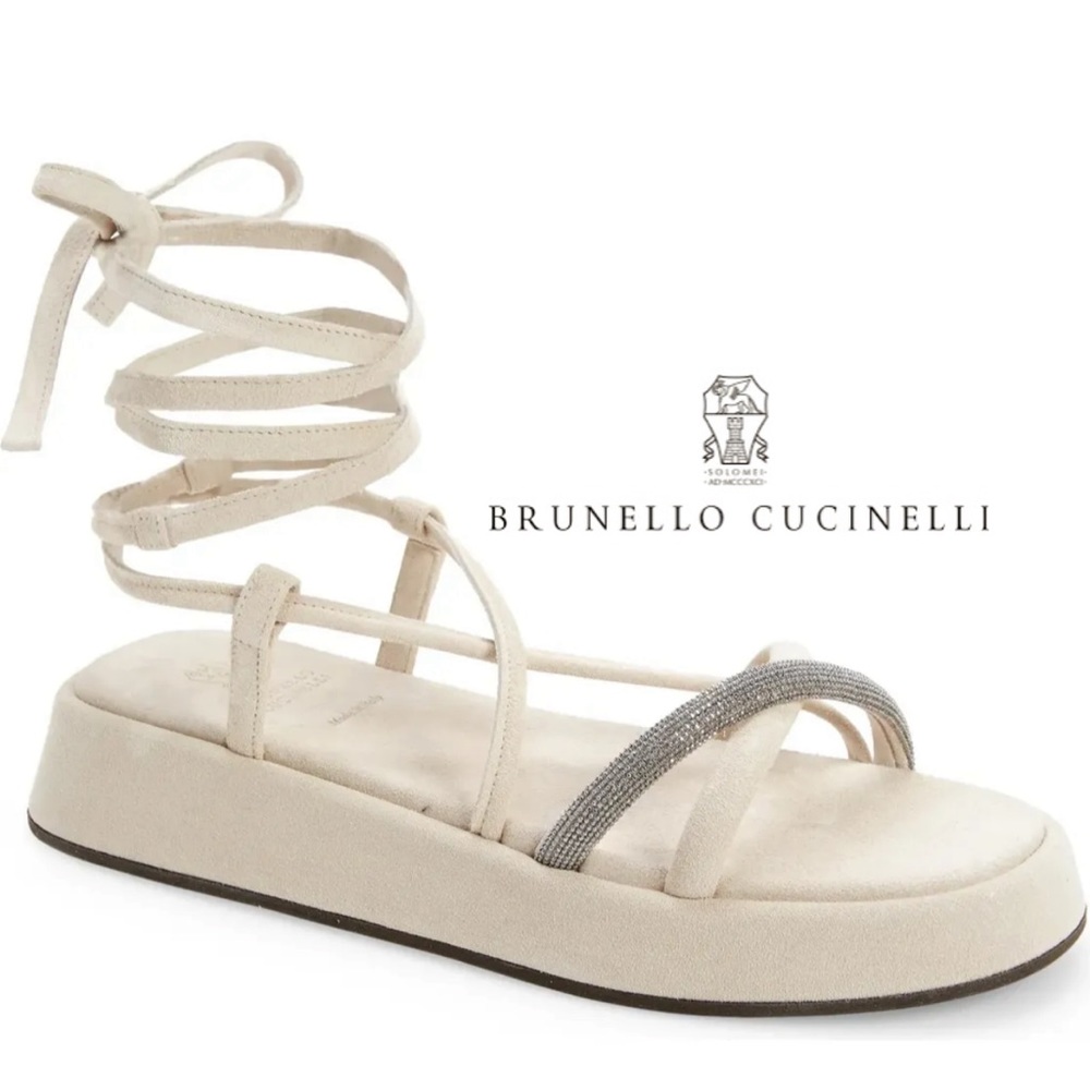 BRUNELLO CUCINELLI MONILI Ivory Suede Platform Sandals Ankle Wrap drawstring